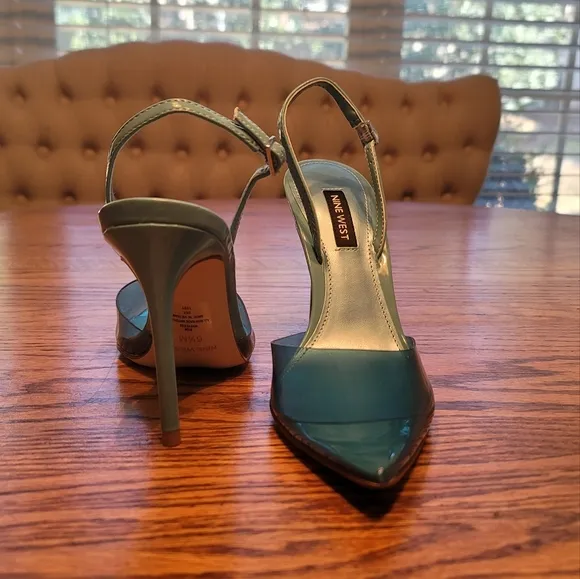 NWOT Nine West Fayes Vintage Blue Clear Pointed  Slingback Sandals Heels Shoes