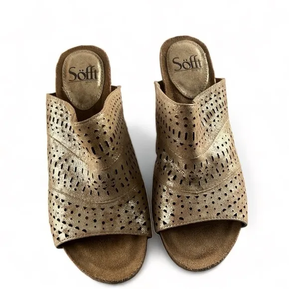 NWOT SOFFT Metallic Gold Laser Cut Out Leather Slip On Clogs Heels Size 7.5