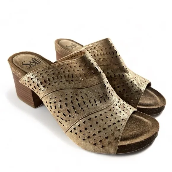 NWOT SOFFT Metallic Gold Laser Cut Out Leather Slip On Clogs Heels Size 7.5