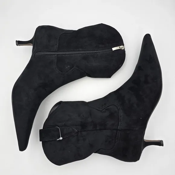 NWOT Steven Bana Black Suede Pointy-Toe Kitten Heel Ankle Booties, Women's 9M