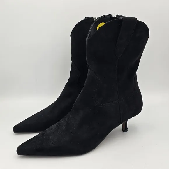 NWOT Steven Bana Black Suede Pointy-Toe Kitten Heel Ankle Booties, Women's 9M