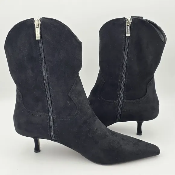 NWOT Steven Bana Black Suede Pointy-Toe Kitten Heel Ankle Booties, Women's 9M