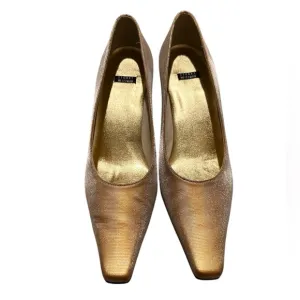 NWOT Stuart Weitzman Gold Pointed Square Toe Kitten Heels, size 9.5