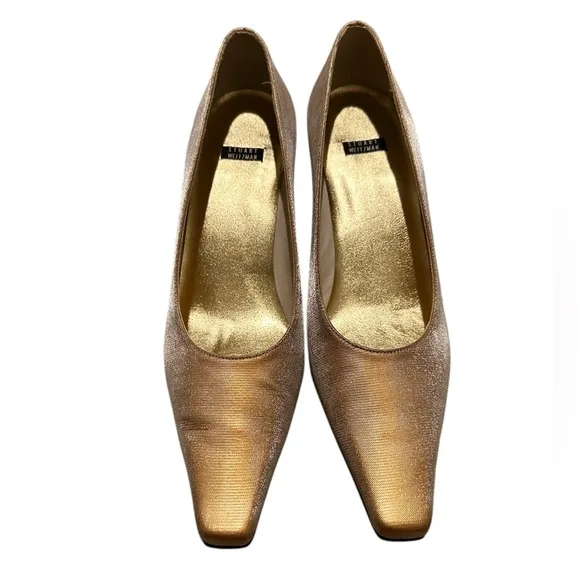 NWOT Stuart Weitzman Gold Pointed Square Toe Kitten Heels, size 9.5