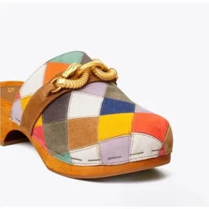 NWOT Tory Burch Jessa Patchwork Suede Equestrian Clogs Multi Color Size 7.5