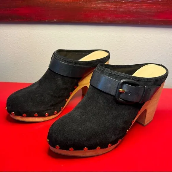 NWOT Veronica Beard black suede heal mules metal studs wooden clog style boho