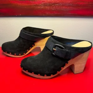 NWOT Veronica Beard black suede heal mules metal studs wooden clog style boho