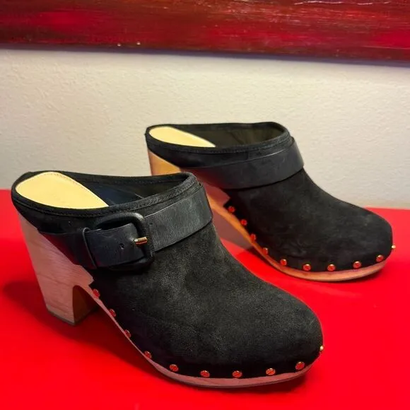 NWOT Veronica Beard black suede heal mules metal studs wooden clog style boho