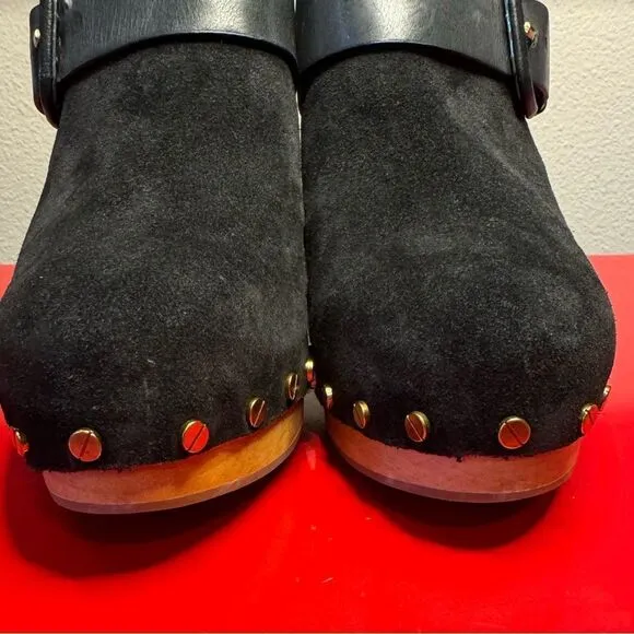 NWOT Veronica Beard black suede heal mules metal studs wooden clog style boho