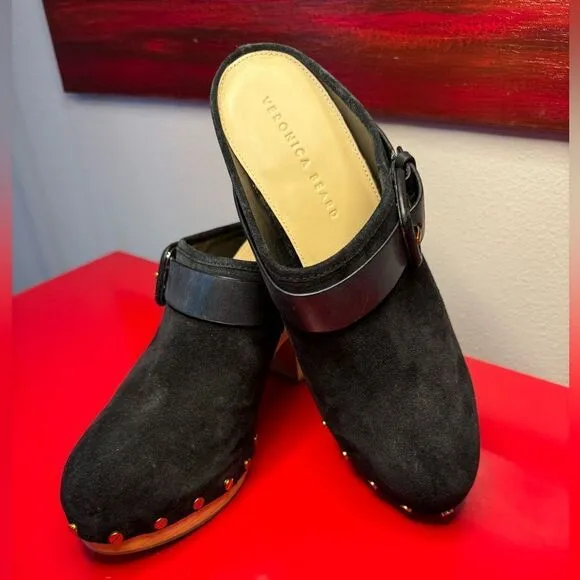 NWOT Veronica Beard black suede heal mules metal studs wooden clog style boho