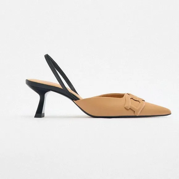 NWOT. Zara Tan/Black Embossed Heel Mules. Size 6/EU 36.