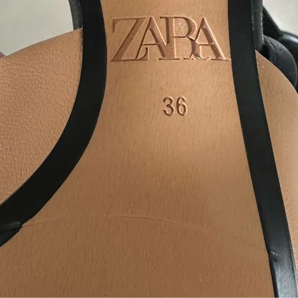 NWOT. Zara Tan/Black Embossed Heel Mules. Size 6/EU 36.