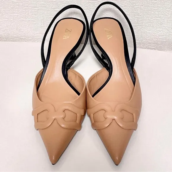 NWOT. Zara Tan/Black Embossed Heel Mules. Size 6/EU 36.