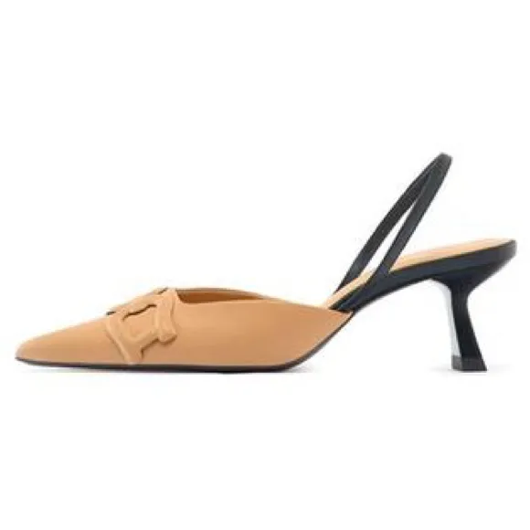 NWOT. Zara Tan/Black Embossed Heel Mules. Size 6/EU 36.