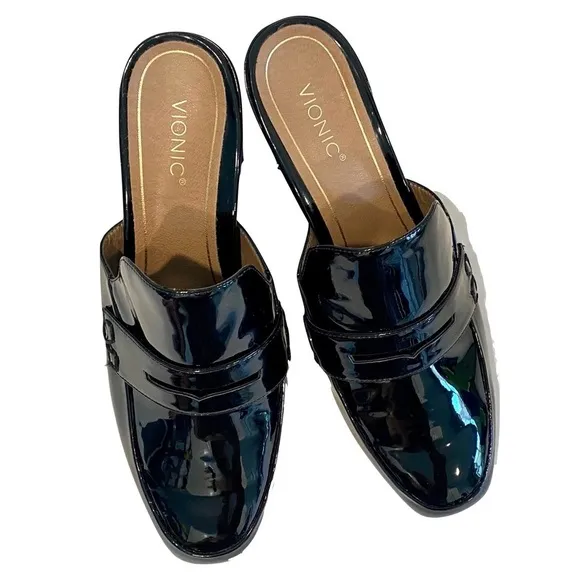 NWOTB - Vionic Plaza Annabel Mules Black Patent Leather Block Heel Size 10