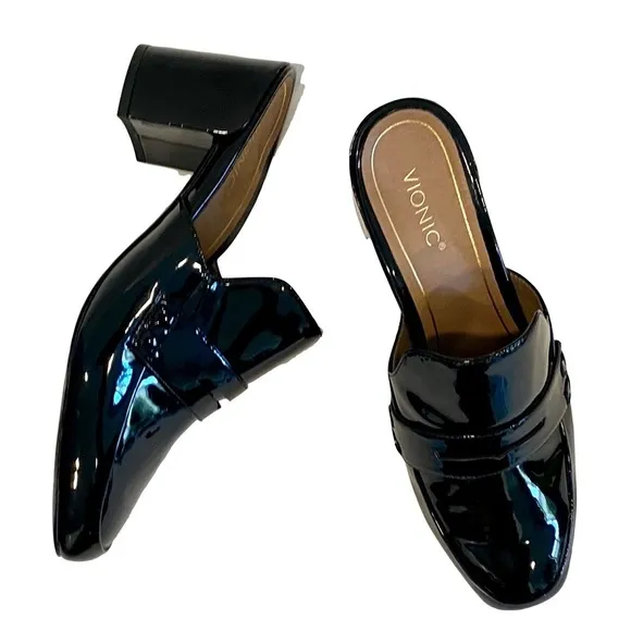 NWOTB - Vionic Plaza Annabel Mules Black Patent Leather Block Heel Size 10