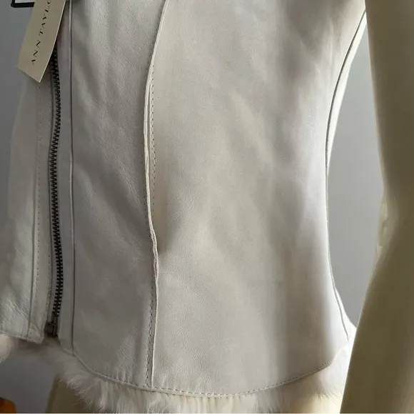 NWT Ann Taylor Reversible White Rabbit Fur Nubuck Leather Motorcycle Vest S