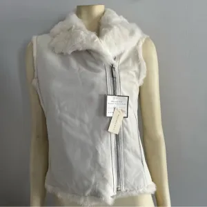 NWT Ann Taylor Reversible White Rabbit Fur Nubuck Leather Motorcycle Vest S