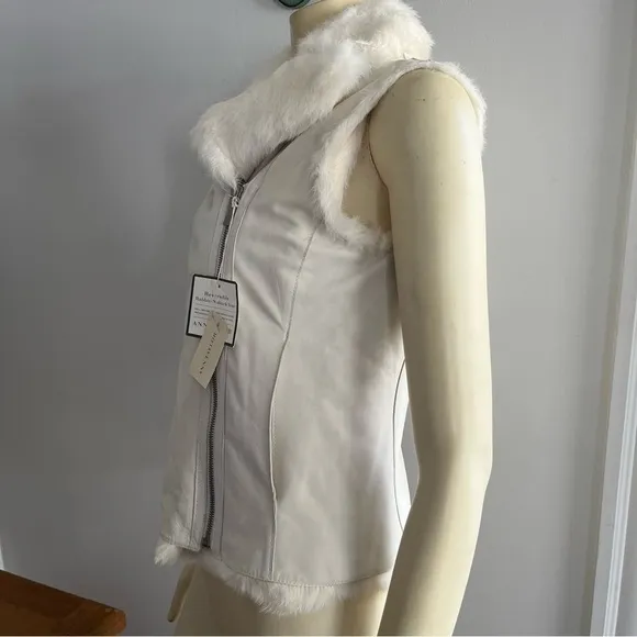 NWT Ann Taylor Reversible White Rabbit Fur Nubuck Leather Motorcycle Vest S