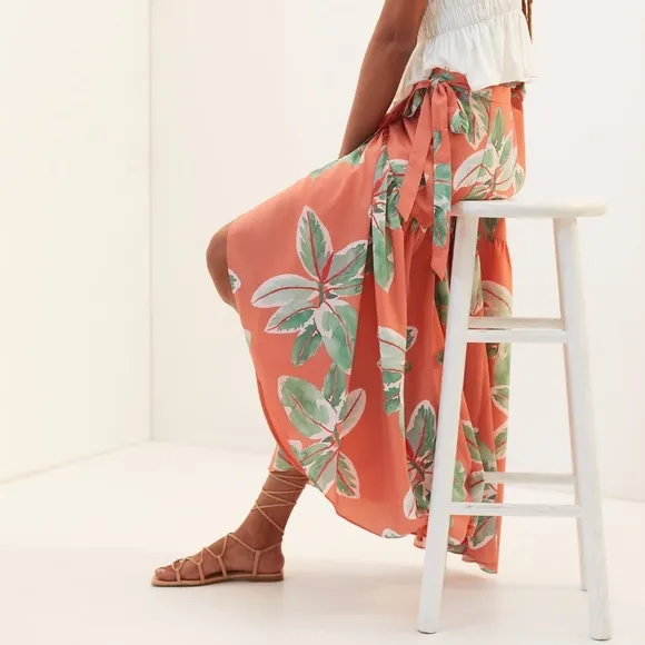 NWT Anthropologie x Hutch Orange Combo Floral Print Wrap Maxi Skirt XS