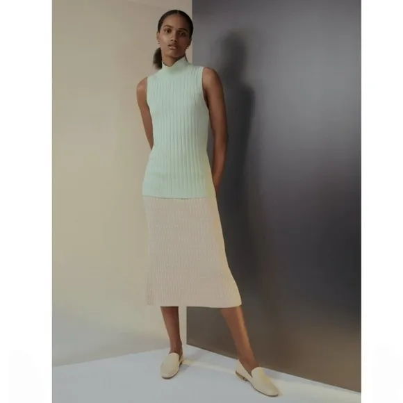 NWT  Club Monaco Geo Mixing Rib Sweater Knit Pastel Peach Pink Midi Skirt SZ S