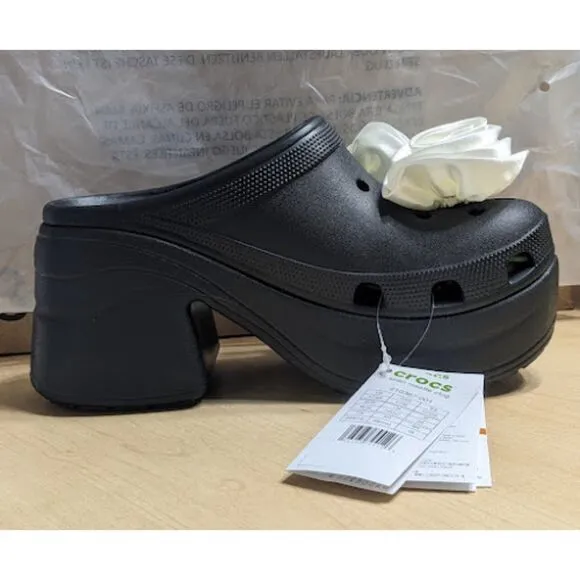 NWT CROCS Black and White Siren Rosette Clogs Women's Size 9