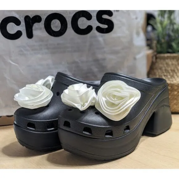 NWT CROCS Black and White Siren Rosette Clogs Women's Size 9