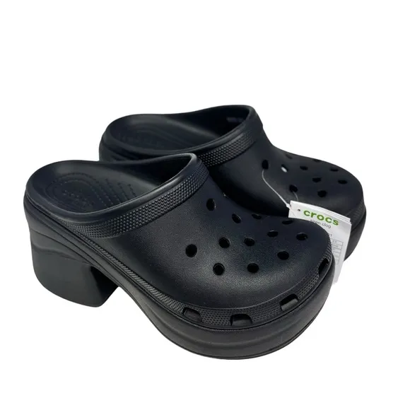 NWT CROCS Chunky Heel Black Mules Platform Women's Sz 8 SIREN Clogs Extra Height