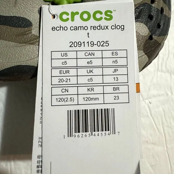 NWT Crocs Echo Redux Camo Clog Brown Tan Waterproof Classic Unisex Kids sz C5