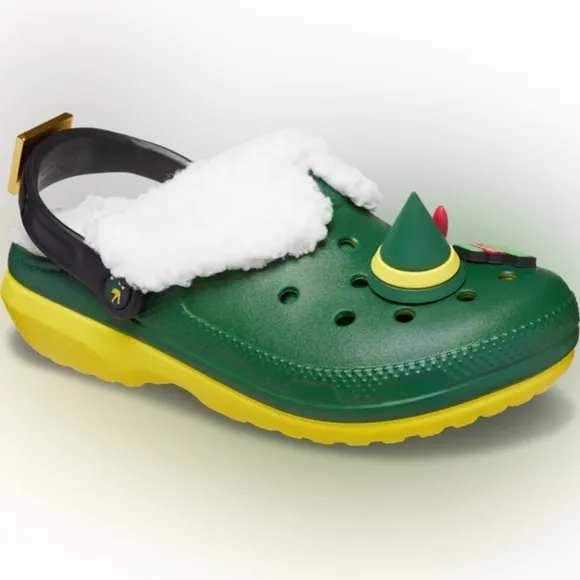 *NWT* Crocs Elf Classic Clogs, Mens Sz 5, Women’s Sz 7, Fuzz Lined Green Jibbitz
