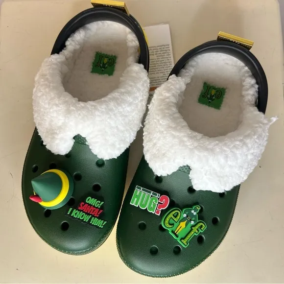 *NWT* Crocs Elf Classic Clogs, Mens Sz 5, Women’s Sz 7, Fuzz Lined Green Jibbitz