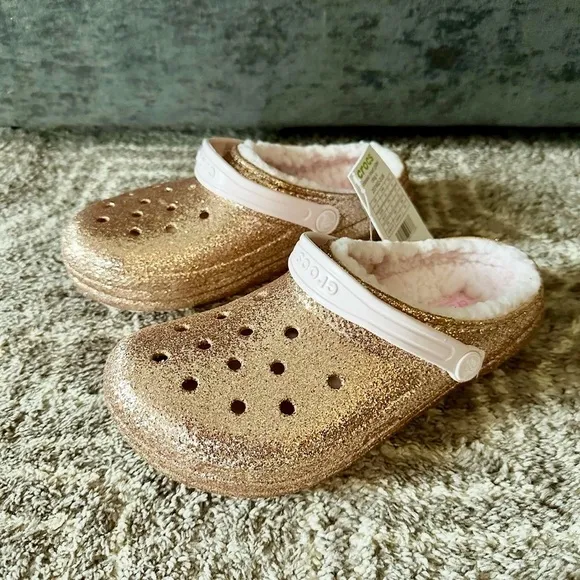 NWT Crocs Kids Classic Lined Clogs Rose Gold Glitter J4