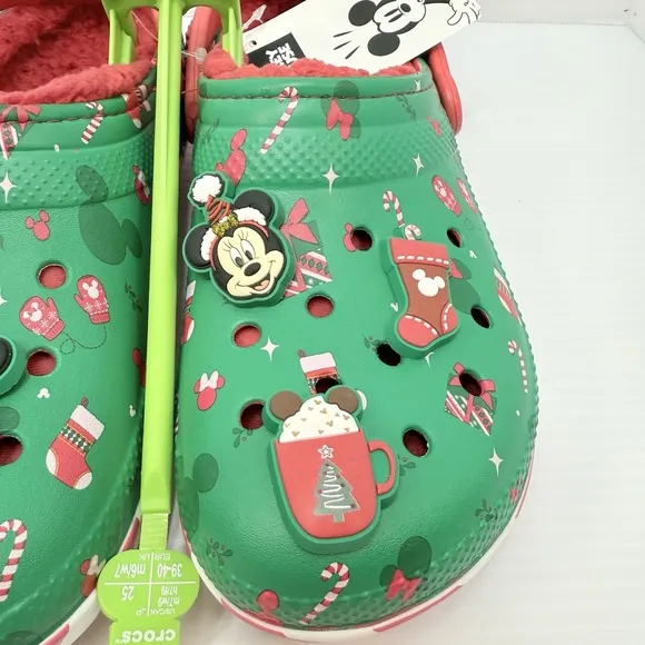 NWT Crocs M6 W8 Disney Mickey Christmas Lined Clogs Green Minnie Mouse Holiday