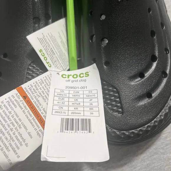 NWT Crocs Unisex Off Grid Clog - Black M 8 W 10 Streetwear Comfort Shoes