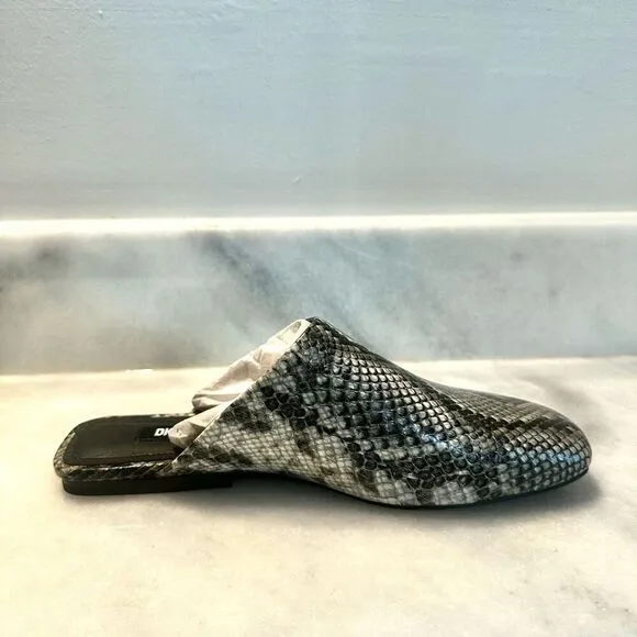 NWT DKNY Textured Python Leather Square Toe Flat Slide Mules Black White Sz 7.5