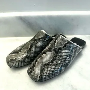 NWT DKNY Textured Python Leather Square Toe Flat Slide Mules Black White Sz 7.5