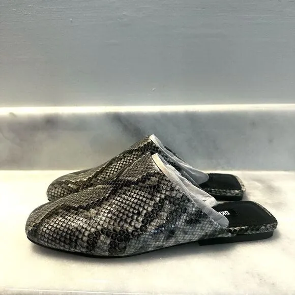 NWT DKNY Textured Python Leather Square Toe Flat Slide Mules Black White Sz 7.5