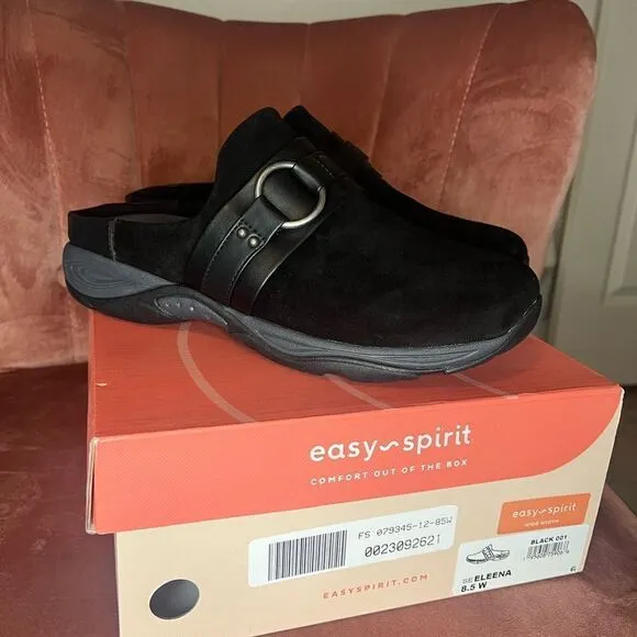 NWT EASY SPIRIT ELEENA CLOGS BLACK SUEDE SIZE 8.5 BRAND NEW IN BOX