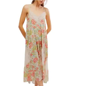 NWT FREE PEOPLE First Date Printed Lace Maxi Slip Lounge Dress Size Medium