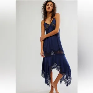 NWT Free People Intimately Sunsetter Maxi Slip Dress Midnight Rain Satin Lace