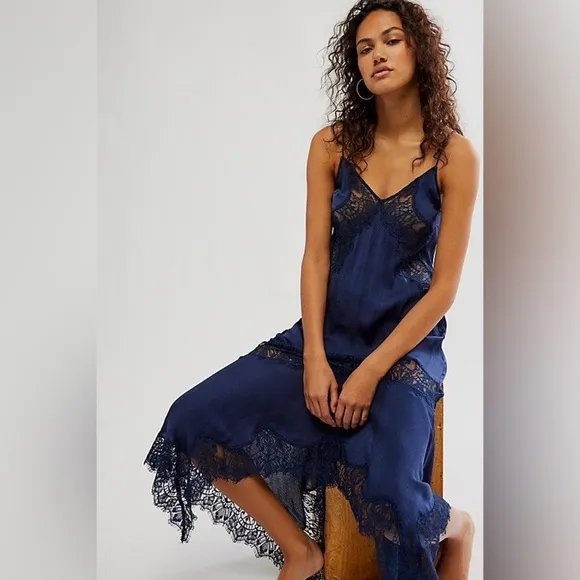 NWT Free People Intimately Sunsetter Maxi Slip Dress Midnight Rain Satin Lace