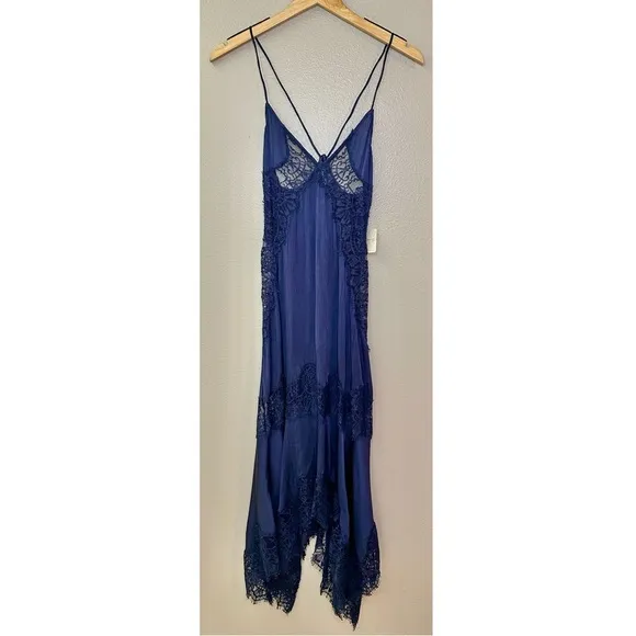 NWT Free People Intimately Sunsetter Maxi Slip Dress Midnight Rain Satin Lace