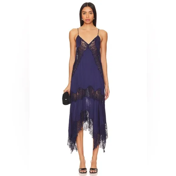 NWT Free People Intimately Sunsetter Maxi Slip Dress Midnight Rain Satin Lace