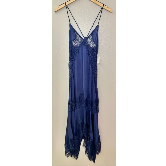 NWT Free People Intimately Sunsetter Maxi Slip Dress Midnight Rain Satin Lace