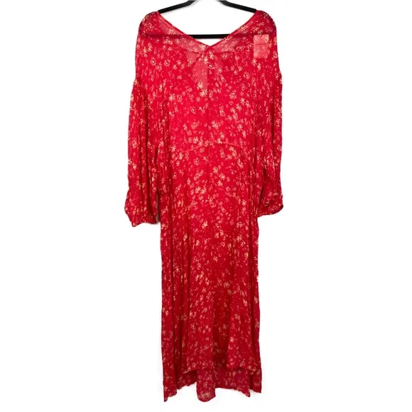 NWT Free People Wallflower Floral Sheer Midi Dress, Raspberry - Size L