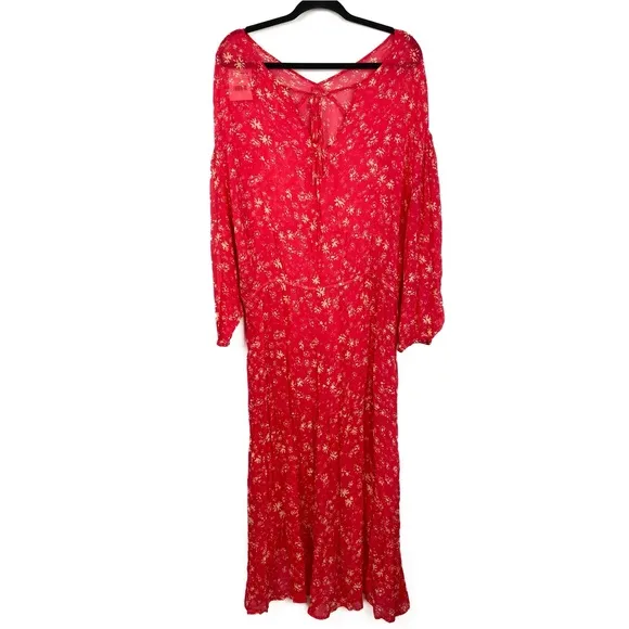 NWT Free People Wallflower Floral Sheer Midi Dress, Raspberry - Size L