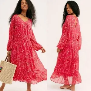 NWT Free People Wallflower Floral Sheer Midi Dress, Raspberry - Size L