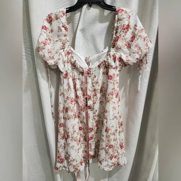 NWT House of CB Princess Puff Sleeve‎ Babydoll Floral Rose Print Mini Dress S