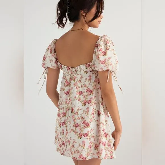 NWT House of CB Princess Puff Sleeve Babydoll‎ Floral Rose Print Mini Dress S