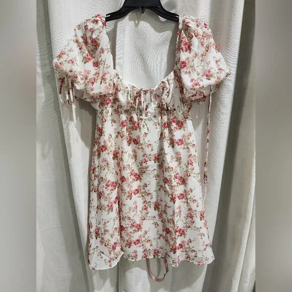 NWT House of CB Princess Puff Sleeve Babydoll‎ Floral Rose Print Mini Dress S
